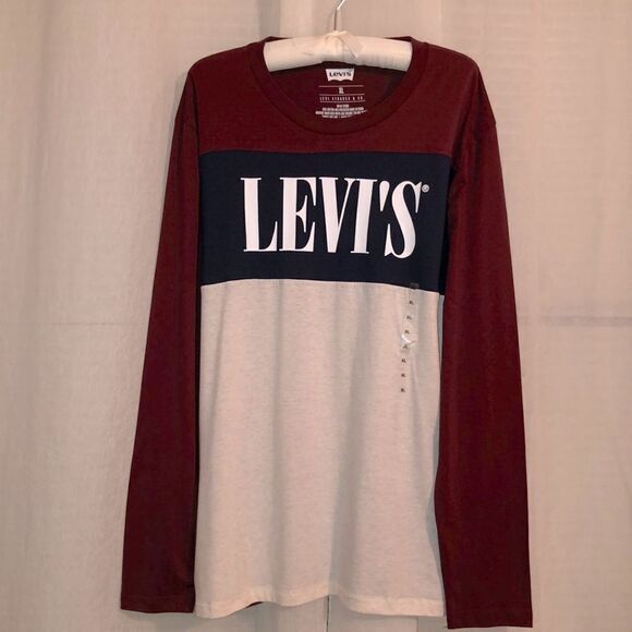 LEVI’S XL Angler Color block Port Wine Navy Beige Long Sleeve Crewneck Tee - Picture 1 of 10